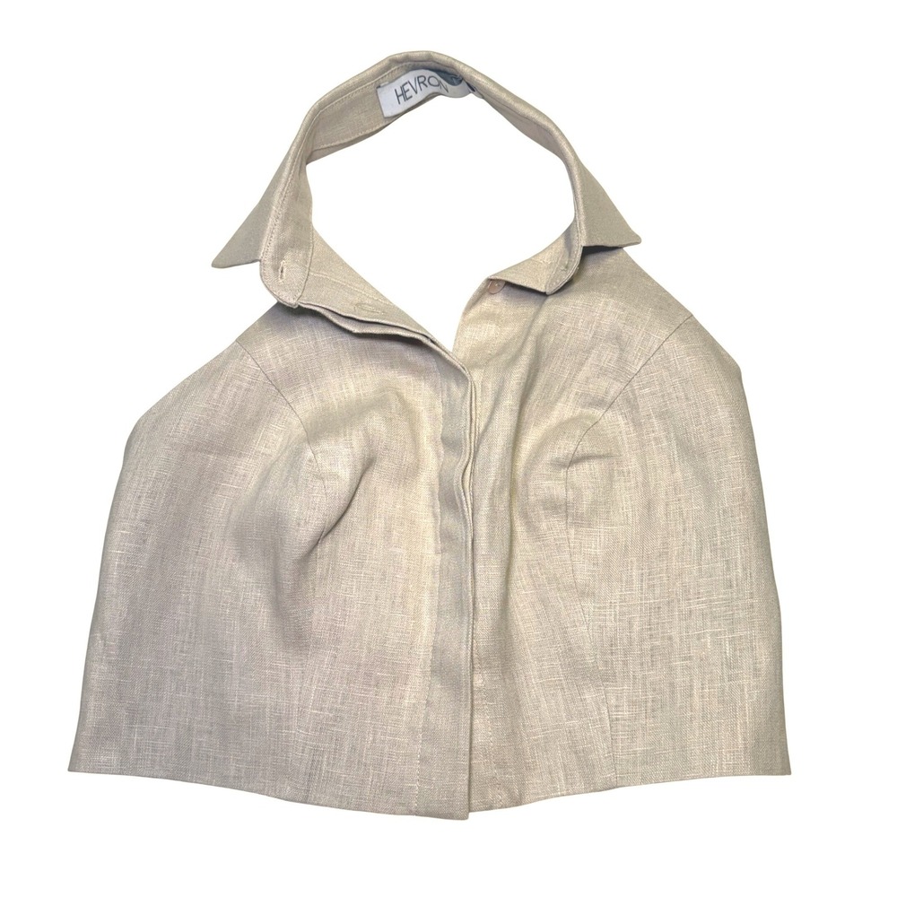 Hevron‎ Tan Linen Halter Crop Top Collared Button Down Waistcoat Vest Womens XS